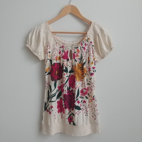 Lucky Brand Y2K 100% cotton puffed sleeve smocked cream blouse top floral Small - Picture 1 of 15
